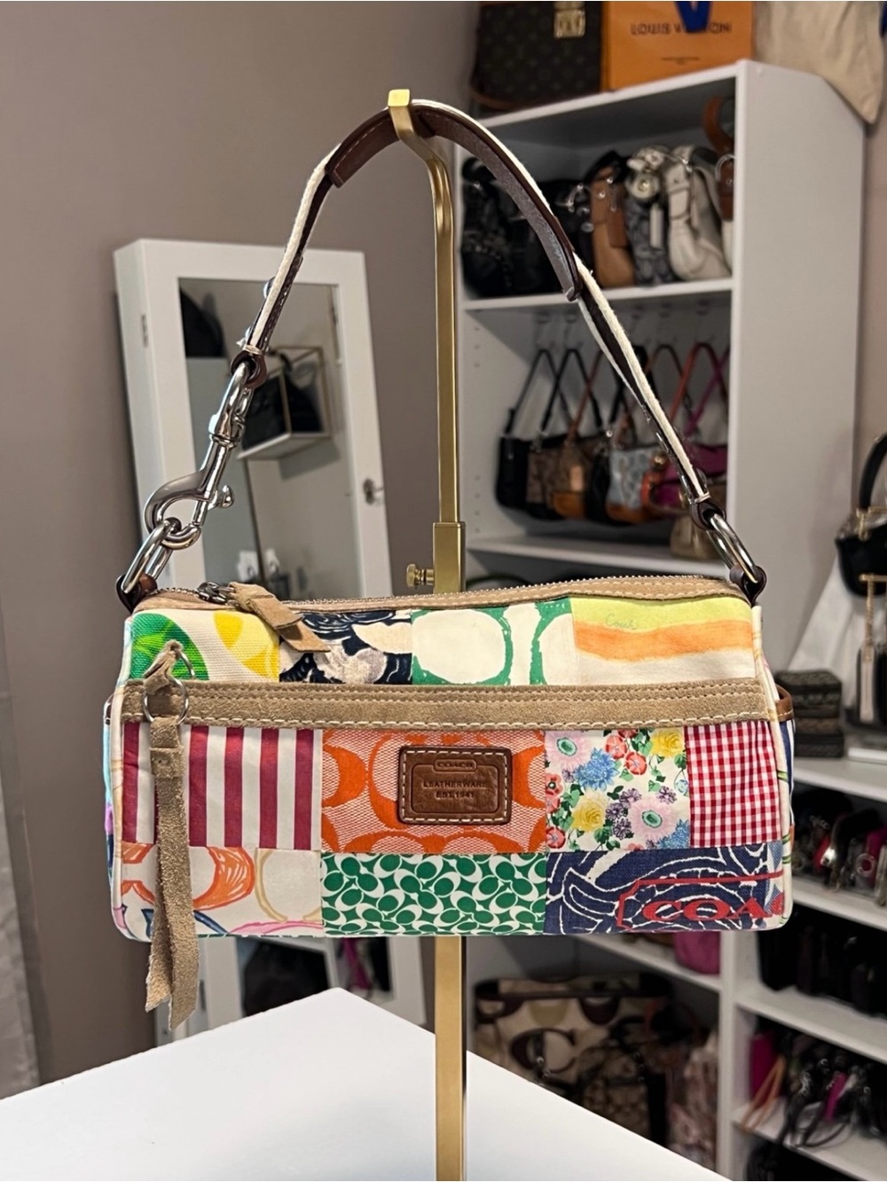 Coach Hamptons Scribble Multicolor Patchwork Barrel Shoulder Bag